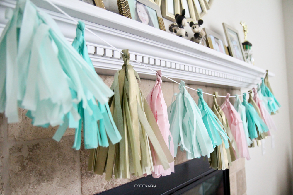 DIY fringe banner: All materials from Michael's. I followed instructions on Linen, Love & Lace. But instead of one, I used two tissues papers for fuller effect. (Also, because I didn't have the patience. Heh)